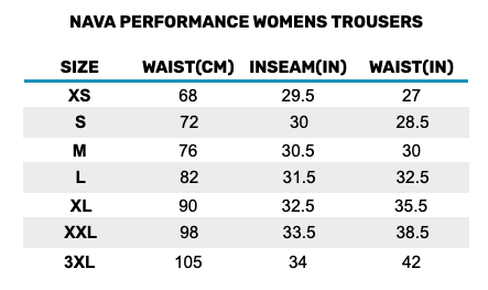 Size Chart for Womens NV2 Sailing Trousers - Black